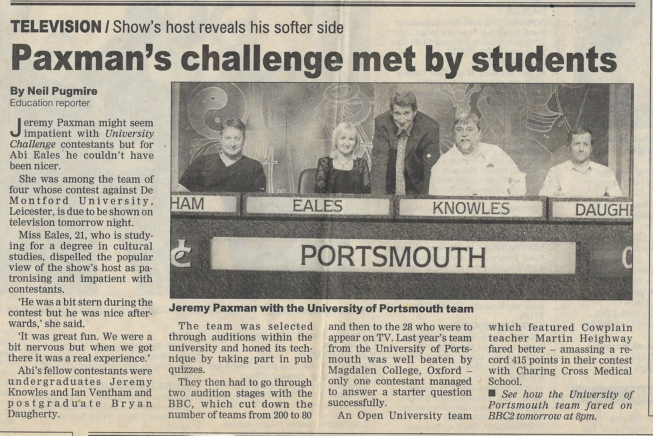 Portsmouth University on Universty Challenge 1998